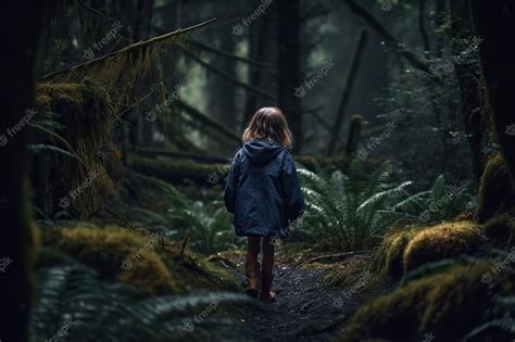 Premium Photo | Little girl walking in the dark mystery forest back ...