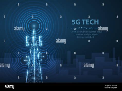 Abstract antenna mast on blue cityscape background. 5G technology, telecommunication industry ...