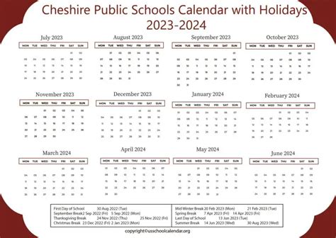 Cheshire Public Schools Calendar with Holidays 2023-2024