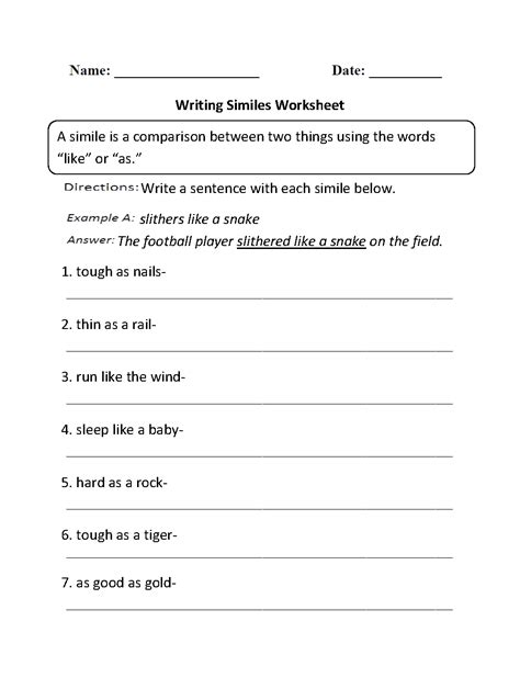 Simile Worksheets Grade 5