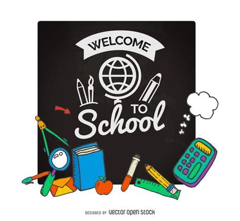 Illustrated poster that features a chalkboard that says welcome to school. Design algo includes ...