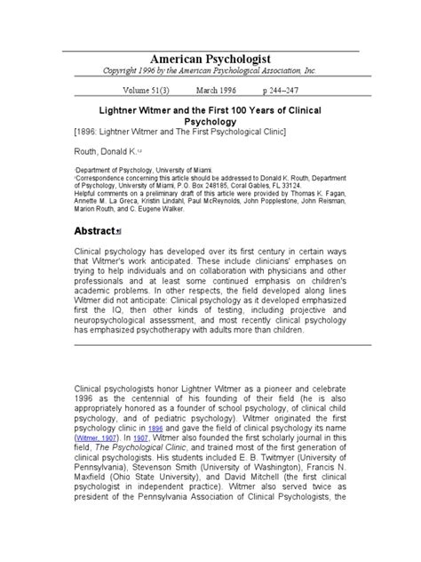 Lightner Witmer and The First 100 Years of Clinical Psychology | PDF | Clinical Psychology ...