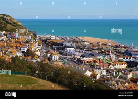 View of Hastings Old Town seafront from the West Hill, East Sussex ...