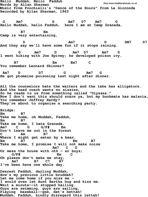 Song lyrics with guitar chords for Hello Muddah, Hello Fadduh - Allan Sherman, 1963