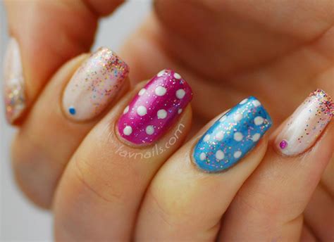 glitter gradient pink blue dotted cute nails - Favnails