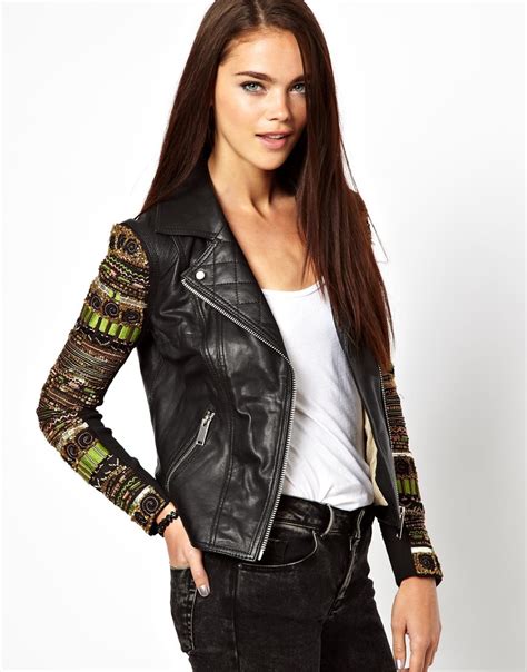 River island Embellished Sleeve Biker Jacket in Black | Lyst