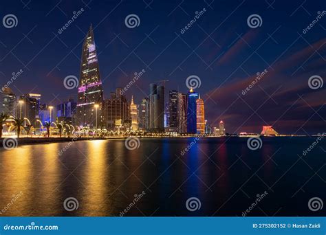 Illuminated Beautiful Doha Skyline after Sunset Editorial Photography ...