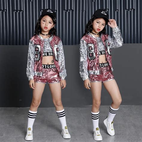 Sequin Kids Dance Clothes Hip Hop Costumes for Girls Ballroom Crop Top Jazz Pant Party Dancing ...