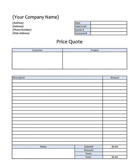 an invoice form with the price quote on it