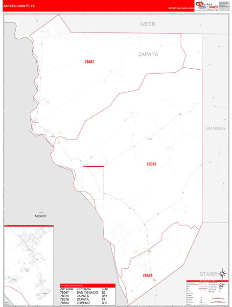 Zapata County, TX Zip Code Wall Map Red Line Style by MarketMAPS