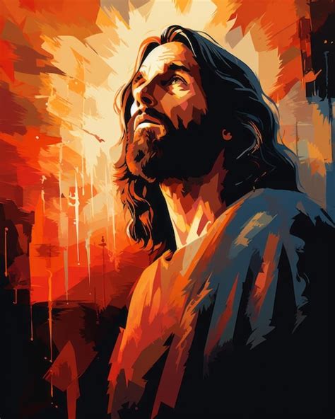 Premium AI Image | a painting of jesus looking up at the sun