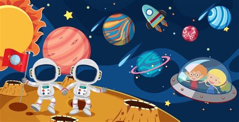 Astronautas y niños en ovni | Vector Premium