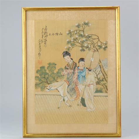 20C Chinese Silk Painting Woman on Horse with servants Antique – Shangrila Antique