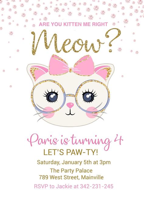 Cat, Kitten, Kitty, Birthday Party Invitation, Girl, Gold - Printable or Printed | eBay | Cat ...