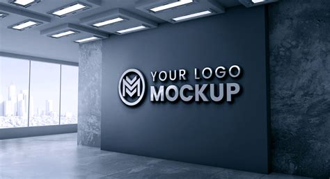 3D office wall logo mockup with dark gray wall – GraphicsFamily