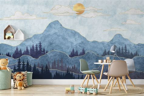 Kids Mountains Wallpaper, Blue Mountains and Forest Wall Mural, Peel ...