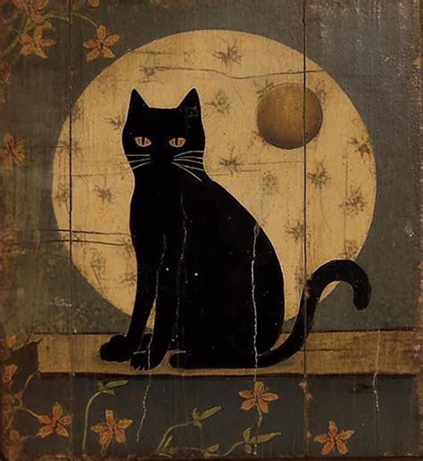 Folk Art Digital Cat Folk Black Cat Print Farmhouse Decor Country Folk ...