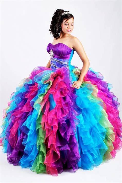 2017 Ball Gown Rainbow Quinceanera Dresses Puffy Organza Bling Crystal Sequins Sweet 16 Gown ...