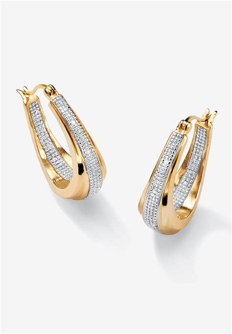 Fashionable Gold-Plated Hoop Earrings with Diamond Accent, Gold | Roaman's