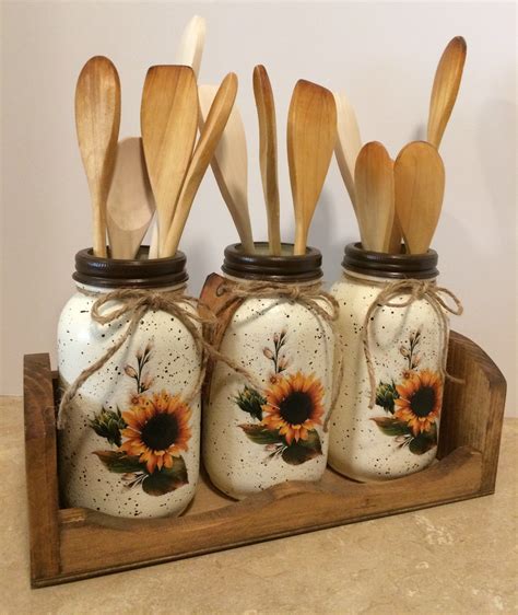 Mason Jar Utensil Holders,Sunflower Kitchen Decor,Mothers day gift,Hand painted Jars,Sunflower ...