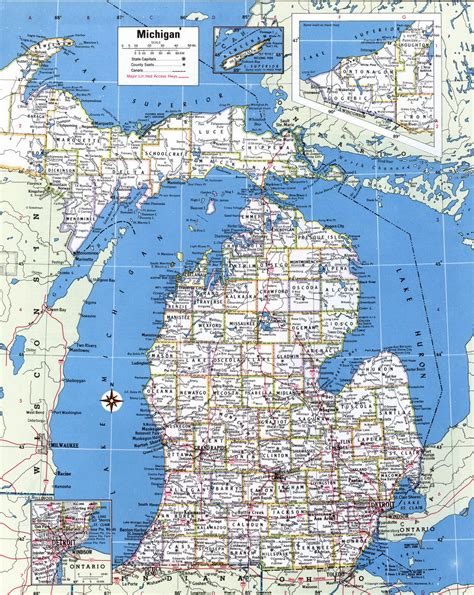 Large detailed administrative map of Michigan state with roads and ...