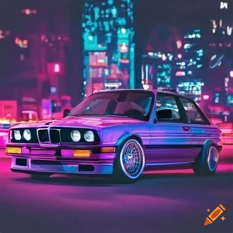 Night cityscape with neon lights and a bmw e30 on Craiyon