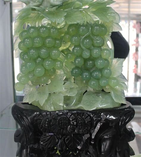 16" Chinese Natural Green Jade Handmade Carving Fruit Grape Wood Base Sculpture-in Statues ...