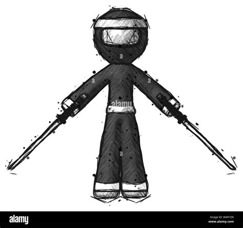 Sketch ninja warrior man posing with two ninja sword katanas Stock Photo - Alamy