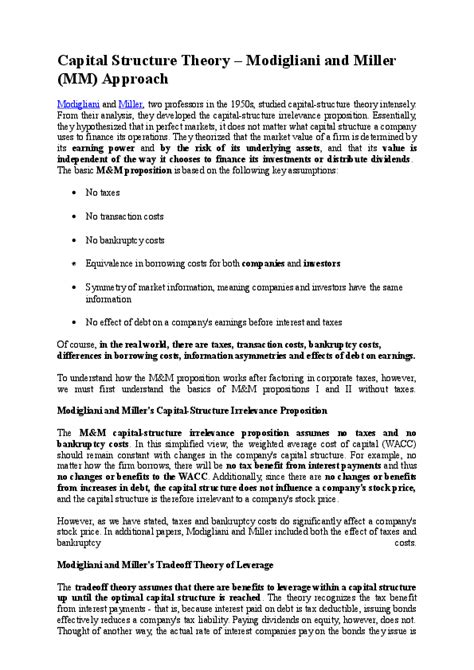 (DOC) Capital Structure Theory – Modigliani and Miller (MM) Approach | Berko Michael - Academia.edu