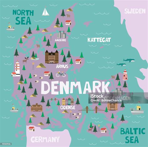 Illustrated Map Of Denmark With Nature And Landmarks Stock Illustration ...