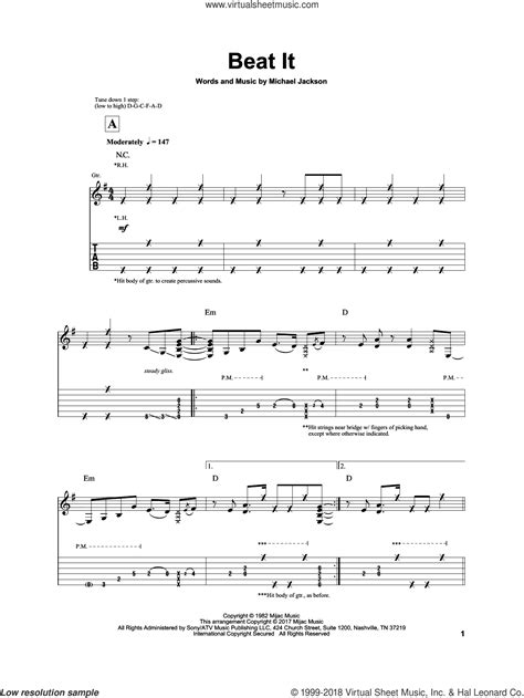 Beat It, (intermediate) sheet music for guitar solo (PDF)