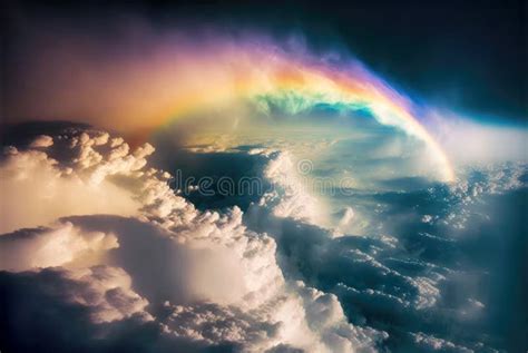 Rainbow Above Clouds in Blue Sky. Wide Angle Stock Illustration - Illustration of rainbow ...