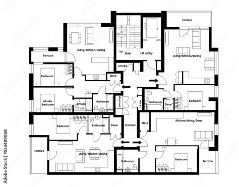 Black and white house floor plan, blueprint. House apartment with furniture. Floor plan of an ...