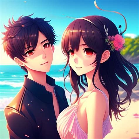 oizi: Cute anime couple on romantic beach date with highly detailed faces.