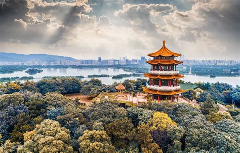 Wallpaper the sky, clouds, trees, China, China, architecture, Hangzhou ...