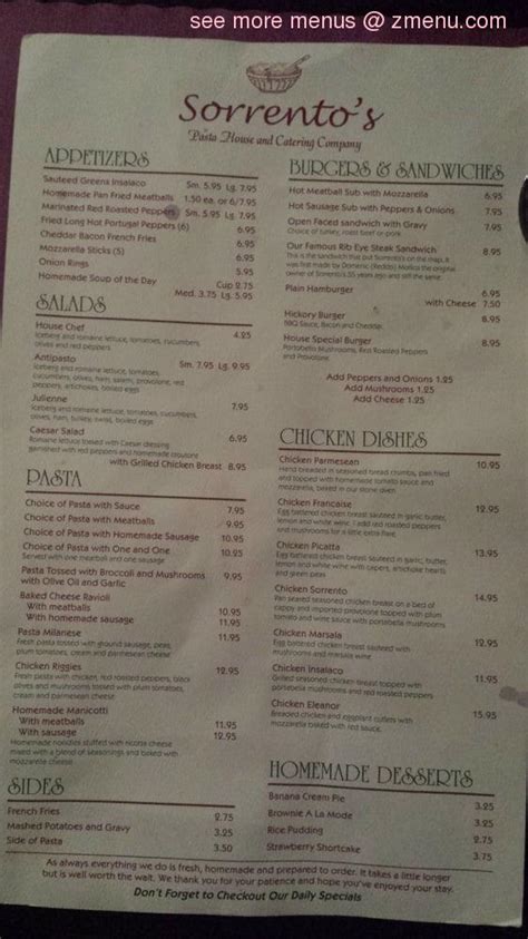 Menu at Sorrento's Restaurant, Syracuse