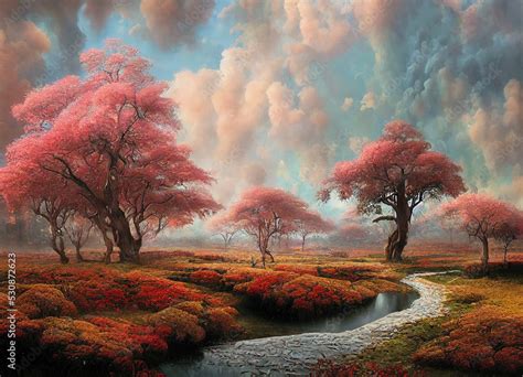 beautiful fantasy surreal landscape with river and trees , digital art ...