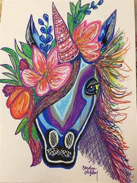 Unicorn with flowers Drawing by Caroline Lifshey - Fine Art America