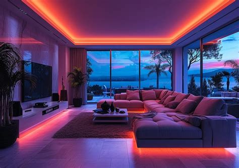 Premium Photo | Neon lights with minimalist furniture living room ...