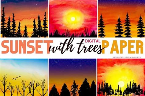 Beautiful Sunset Watercolor Skies w/ Tree Silhouettes Papers