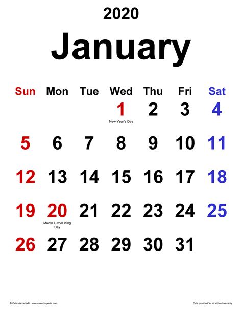 January 2020 Calendar | Templates for Word, Excel and PDF