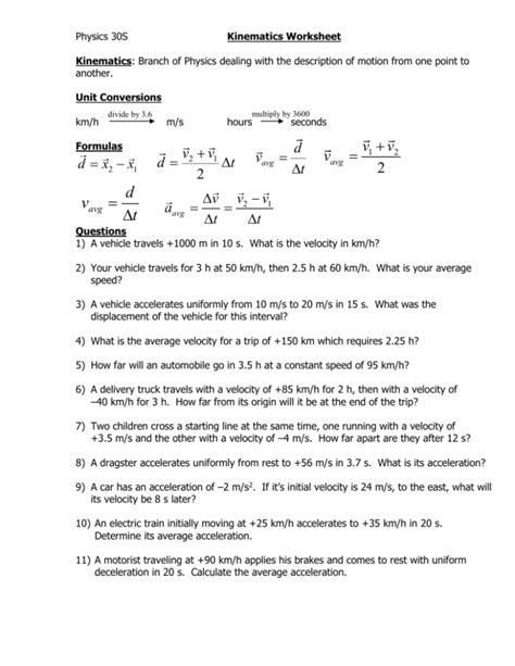 Kinematics Worksheet 1 Answers