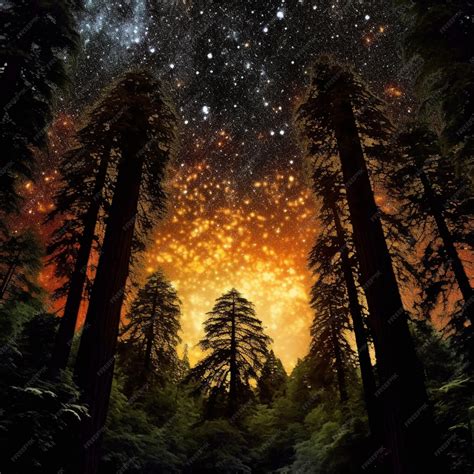 Premium AI Image | a forest with a starry sky and a forest with trees and stars