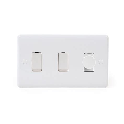 Lieber White Plastic 3 Gang Light Switch with 1 dimmer (2x 2 Way Switch ...