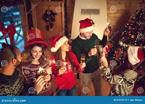 Happy People Celebrating New Year Stock Image - Image of inside ...