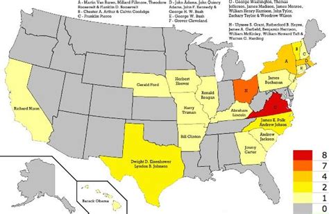 Birthplaces of US Presidents by State | America map, Historical maps, Map