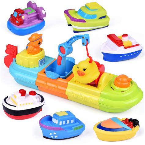 Baby Bath Toys, 7 PCs Toy Boats Include One Big Wind Up Bath Boat and 6 Bath Squirters Toy F-367 ...