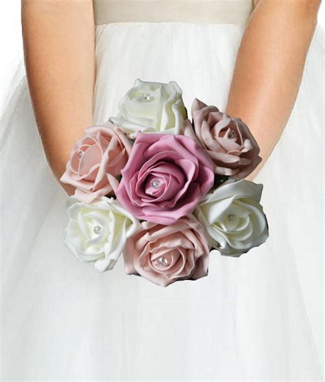 Dusky Pink Rose Wedding Bouquets - Flower Girl Posies - Faux Flowers