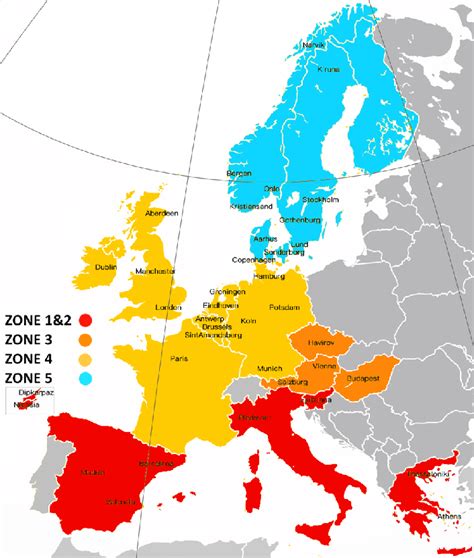 The five climate zones and 38 cities in Europe considered in this work ...