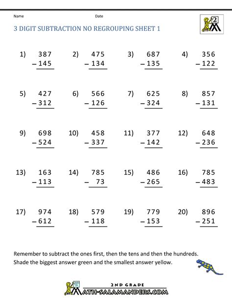 Three Digit Subtraction without Regrouping Worksheets